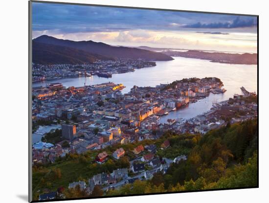 Elevated View over Central Bergen Illuminated at Sunset, Bergen, Hordaland, Norway-Doug Pearson-Mounted Photographic Print