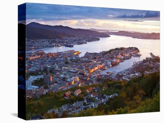 Elevated View over Central Bergen Illuminated at Sunset, Bergen, Hordaland, Norway-Doug Pearson-Stretched Canvas