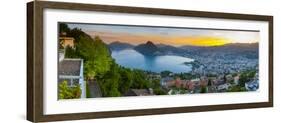 Elevated View over Lugano Illuminated at Sunset, Lake Lugano, Ticino, Switzerland-Doug Pearson-Framed Photographic Print