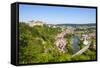 Elevated View over Picturesque Harburg Castle and Old Town Center, Harburg, Bavaria, Germany-Doug Pearson-Framed Stretched Canvas