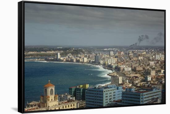 Elevated View over the City and the Malecon Waterfront, Havana, Cuba, West Indies, Caribbean-Yadid Levy-Framed Stretched Canvas