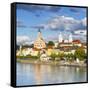 Elevated View Towards the Picturesque City of Passau, Passau, Lower Bavaria, Bavaria, Germany-Doug Pearson-Framed Stretched Canvas