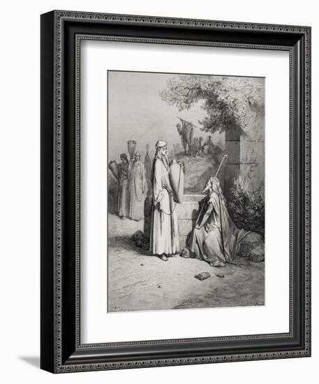 Eliezer and Rebekah, Genesis 24:15-21, Illustration from Dore's 'The Holy Bible', Engraved by…-Gustave Doré-Framed Giclee Print