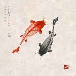 Red and Black Koi Carps Hand Drawn with Ink in Traditional Japanese Painting Style Sumi-E on Vintag-Elina Li-Art Print