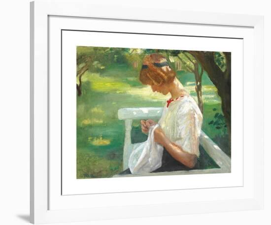 Ella Saxild sewing in the garden on a summer day-Michael Ancher-Framed Premium Giclee Print