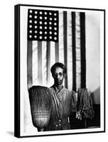 Ella Watson Standing with Broom and Mop in Front of American Flag, Part of Depression Era Survey-Gordon Parks-Framed Stretched Canvas