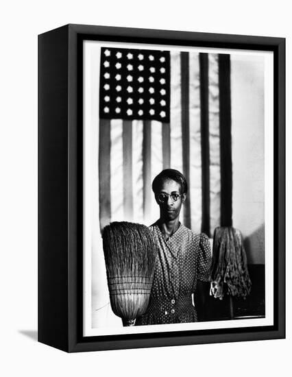 Ella Watson Standing with Broom and Mop in Front of American Flag, Part of Depression Era Survey-Gordon Parks-Framed Stretched Canvas