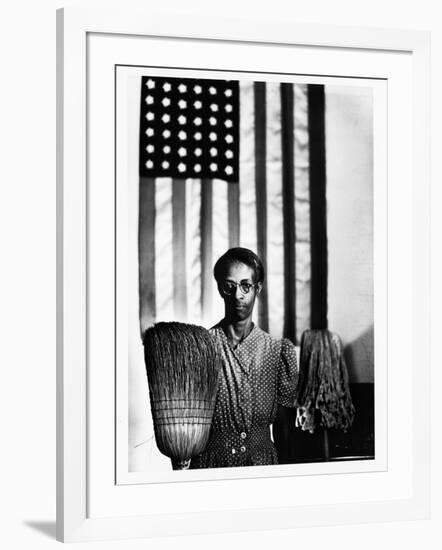 Ella Watson Standing with Broom and Mop in Front of American Flag, Part of Depression Era Survey-Gordon Parks-Framed Photographic Print