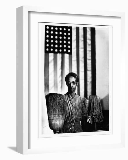 Ella Watson Standing with Broom and Mop in Front of American Flag, Part of Depression Era Survey-Gordon Parks-Framed Photographic Print