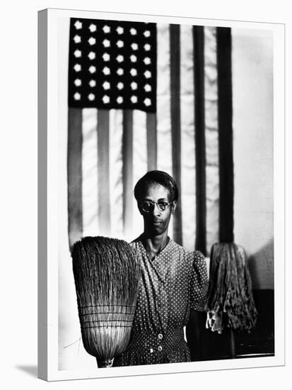 Ella Watson Standing with Broom and Mop in Front of American Flag, Part of Depression Era Survey-Gordon Parks-Stretched Canvas