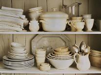 White Tableware and Table Cloths on a Kitchen Shelf-Ellen Silverman-Framed Photographic Print