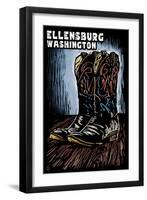 Ellensburg, Washington - Cowboy Boots - Scratchboard-Lantern Press-Framed Art Print