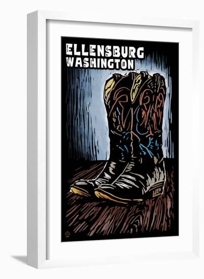 Ellensburg, Washington - Cowboy Boots - Scratchboard-Lantern Press-Framed Art Print