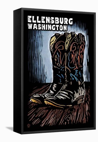 Ellensburg, Washington - Cowboy Boots - Scratchboard-Lantern Press-Framed Stretched Canvas