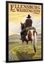 Ellensburg, Washington - Cowboy on Ridge-Lantern Press-Framed Art Print