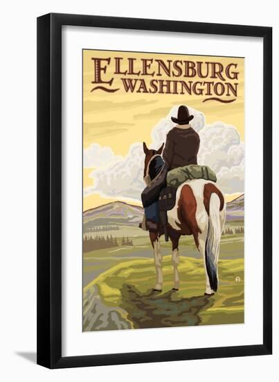 Ellensburg, Washington - Cowboy on Ridge-Lantern Press-Framed Art Print