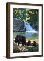 Ellijay, Georgia - Bear Family and Waterfall-Lantern Press-Framed Art Print