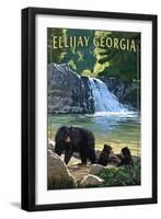 Ellijay, Georgia - Bear Family and Waterfall-Lantern Press-Framed Art Print