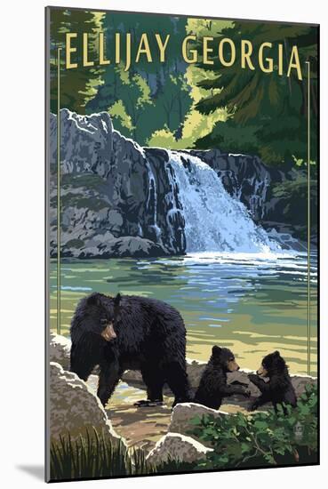 Ellijay, Georgia - Bear Family and Waterfall-Lantern Press-Mounted Art Print