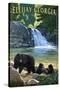 Ellijay, Georgia - Bear Family and Waterfall-Lantern Press-Stretched Canvas