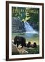 Ellijay, Georgia - Bear Family and Waterfall-Lantern Press-Framed Art Print