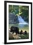 Ellijay, Georgia - Bear Family and Waterfall-Lantern Press-Framed Art Print