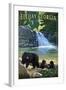 Ellijay, Georgia - Bear Family and Waterfall-Lantern Press-Framed Art Print