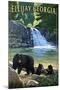 Ellijay, Georgia - Bear Family and Waterfall-Lantern Press-Mounted Art Print