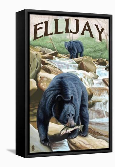 Ellijay, Georgia - Black Bears Fishing-Lantern Press-Framed Stretched Canvas