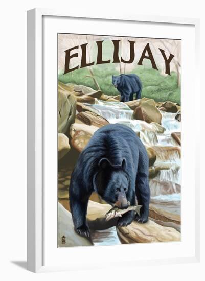 Ellijay, Georgia - Black Bears Fishing-Lantern Press-Framed Art Print