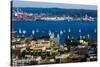 Elliott Bay, Seattle, Washington State. Sailboat racing regatta in front of the Seattle Post Intell-Jolly Sienda-Stretched Canvas