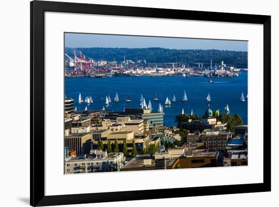Elliott Bay, Seattle, Washington State. Sailboat racing regatta in front of the Seattle Post Intell-Jolly Sienda-Framed Photographic Print