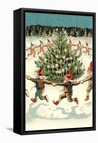 Elves Dancing around Christmas Tree-null-Framed Stretched Canvas