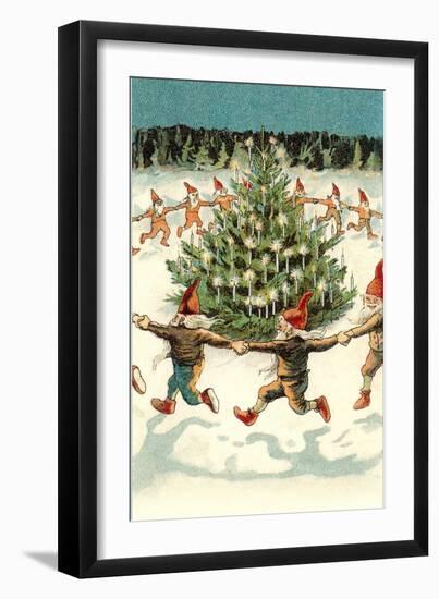 Elves Dancing around Christmas Tree-null-Framed Art Print