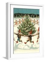 Elves Dancing around Christmas Tree-null-Framed Art Print