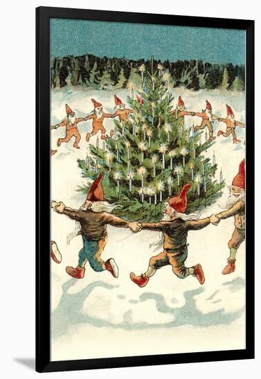 Elves Dancing around Christmas Tree-null-Framed Art Print