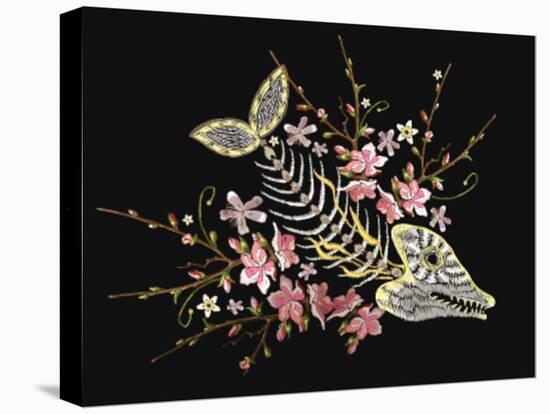 Embroidery Fish Bone and Blossoming Cherryflowers, Gothic Art Background. Embroidery Skeleton of Fi-matrioshka-Stretched Canvas