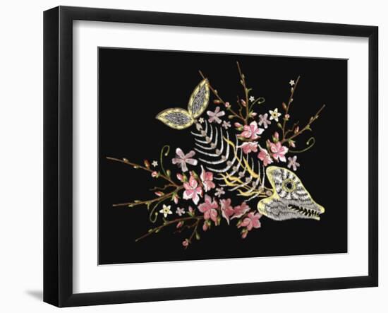 Embroidery Fish Bone and Blossoming Cherryflowers, Gothic Art Background. Embroidery Skeleton of Fi-matrioshka-Framed Art Print