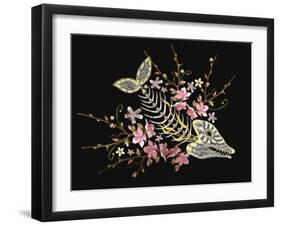 Embroidery Fish Bone and Blossoming Cherryflowers, Gothic Art Background. Embroidery Skeleton of Fi-matrioshka-Framed Art Print