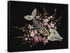 Embroidery Fish Bone and Blossoming Cherryflowers, Gothic Art Background. Embroidery Skeleton of Fi-matrioshka-Framed Stretched Canvas