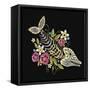 Embroidery Fish Bone and Flowers Gothic Art Background. Embroidery Summer Flowers and Skeleton of F-matrioshka-Framed Stretched Canvas