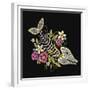 Embroidery Fish Bone and Flowers Gothic Art Background. Embroidery Summer Flowers and Skeleton of F-matrioshka-Framed Premium Giclee Print