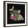 Embroidery Fish Bone and Flowers Gothic Art Background. Embroidery Summer Flowers and Skeleton of F-matrioshka-Framed Art Print