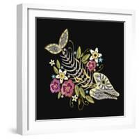 Embroidery Fish Bone and Flowers Gothic Art Background. Embroidery Summer Flowers and Skeleton of F-matrioshka-Framed Art Print