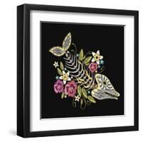 Embroidery Fish Bone and Flowers Gothic Art Background. Embroidery Summer Flowers and Skeleton of F-matrioshka-Framed Art Print