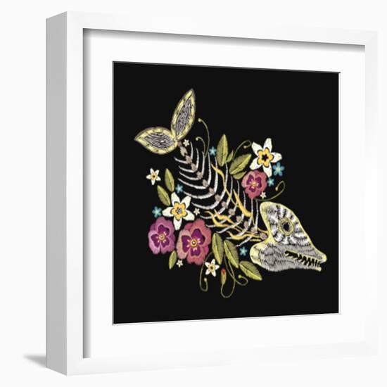 Embroidery Fish Bone and Flowers Gothic Art Background. Embroidery Summer Flowers and Skeleton of F-matrioshka-Framed Art Print