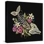 Embroidery Fish Bone and Flowers Gothic Art Background. Embroidery Summer Flowers and Skeleton of F-matrioshka-Stretched Canvas