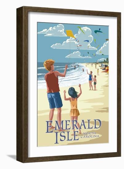Emerald Isle, North Carolina - Kite Flyers-Lantern Press-Framed Art Print
