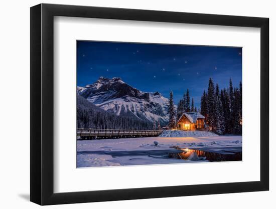 Emerald Lake Lodge in Banff, Canada during winter with snow and mountains at night with starry sky-David Chang-Framed Premium Photographic Print