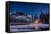 Emerald Lake Lodge in Banff, Canada during winter with snow and mountains at night with starry sky-David Chang-Framed Stretched Canvas